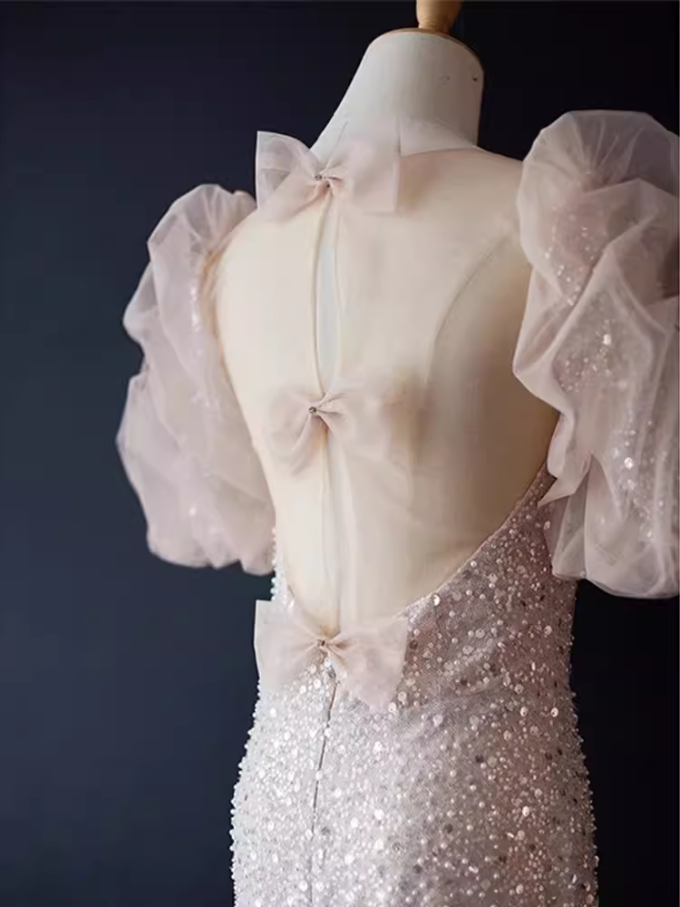 Sparkly Mermaid Sleeveless Sequin Light Pink Long Prom Dress P525