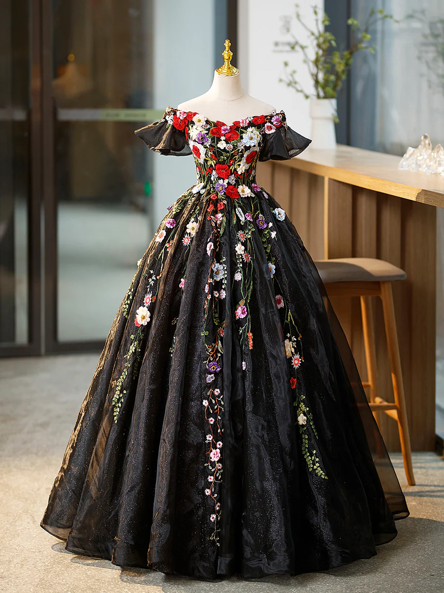 Ball Gown Black Tulle Long Prom Dress with Lace Flowers P590 PreppyDress
