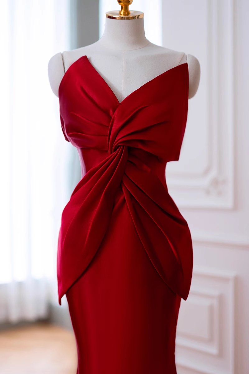 Simple One Shoulder Ruffles Red Satin Long Prom Dresses P510