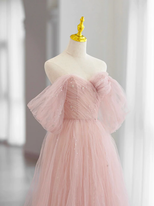 Belle robe de soirée longue en tulle rose, coupe trapèze, épaules dénudées P618