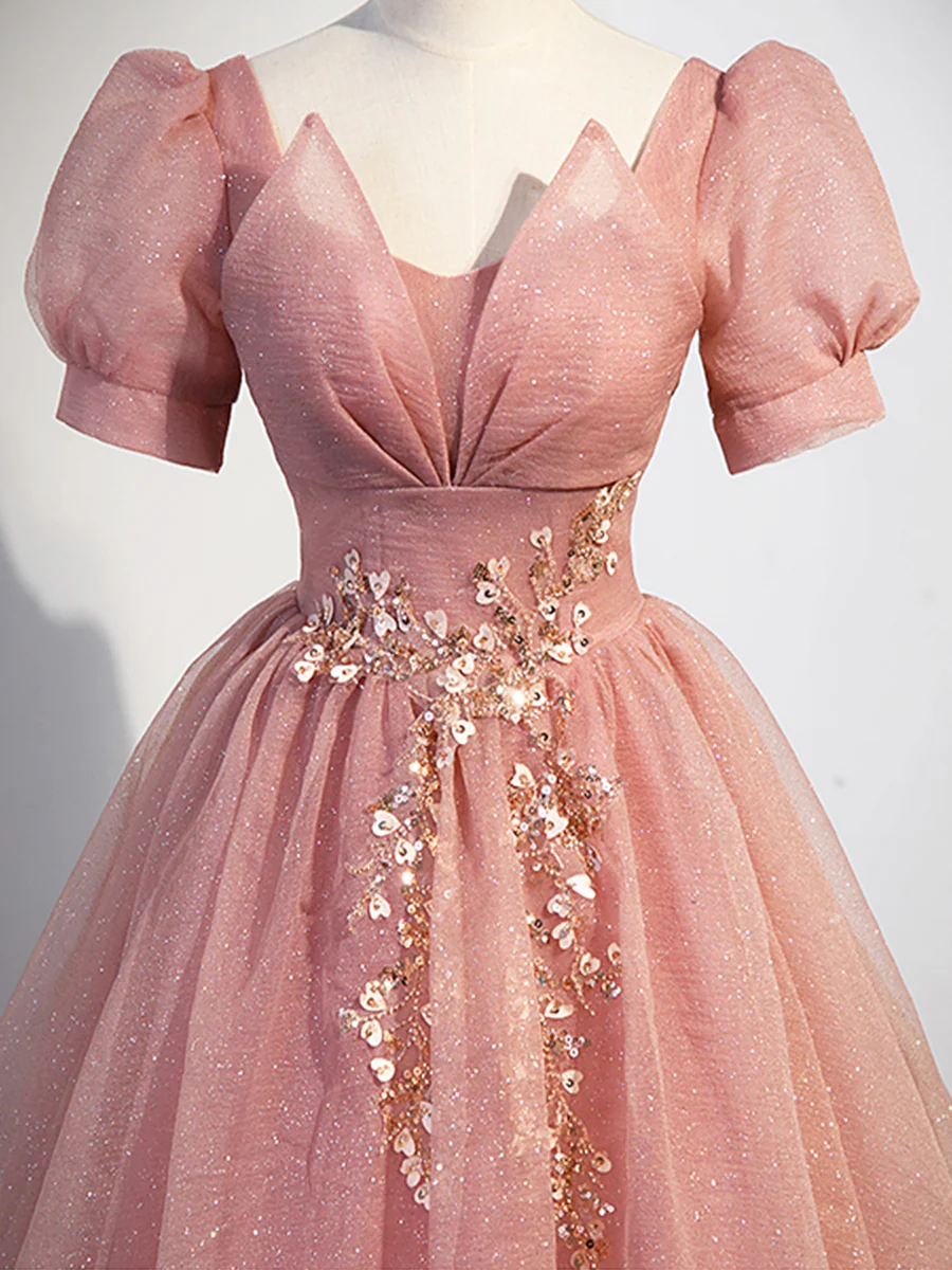 Belle Robe de Bal Longue en Tulle Rose à Manches Courtes P619
