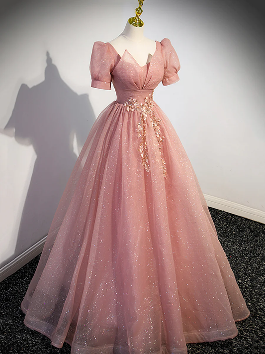 Belle Robe de Bal Longue en Tulle Rose à Manches Courtes P619