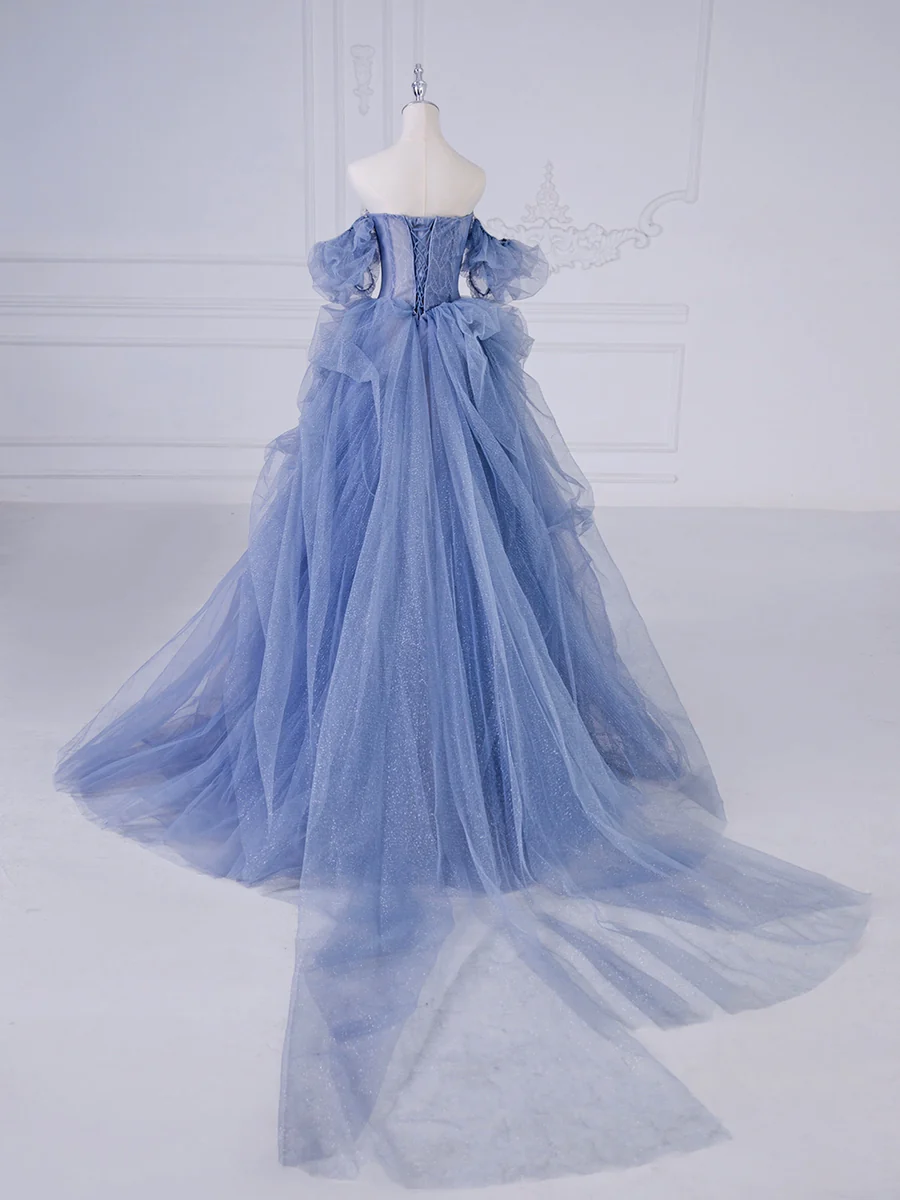 Robe de bal longue bleue en tulle perlé ligne A P626