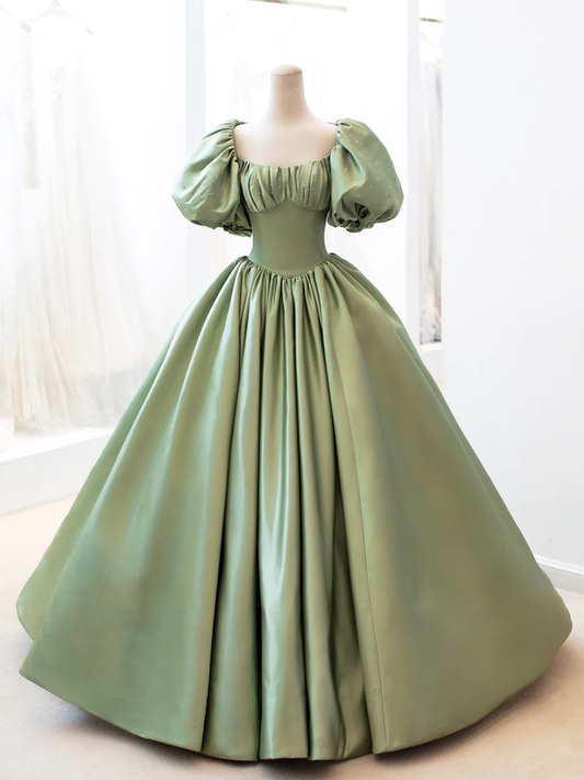 Ball Gown Sweet 16 Dress Green Satin Formal Evening Gown with Puff Sleeve P628