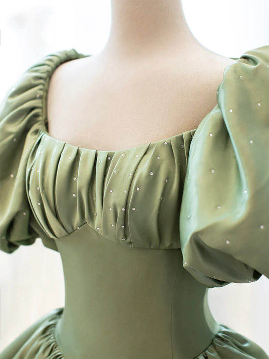 Ball Gown Sweet 16 Dress Green Satin Formal Evening Gown with Puff Sleeve P628