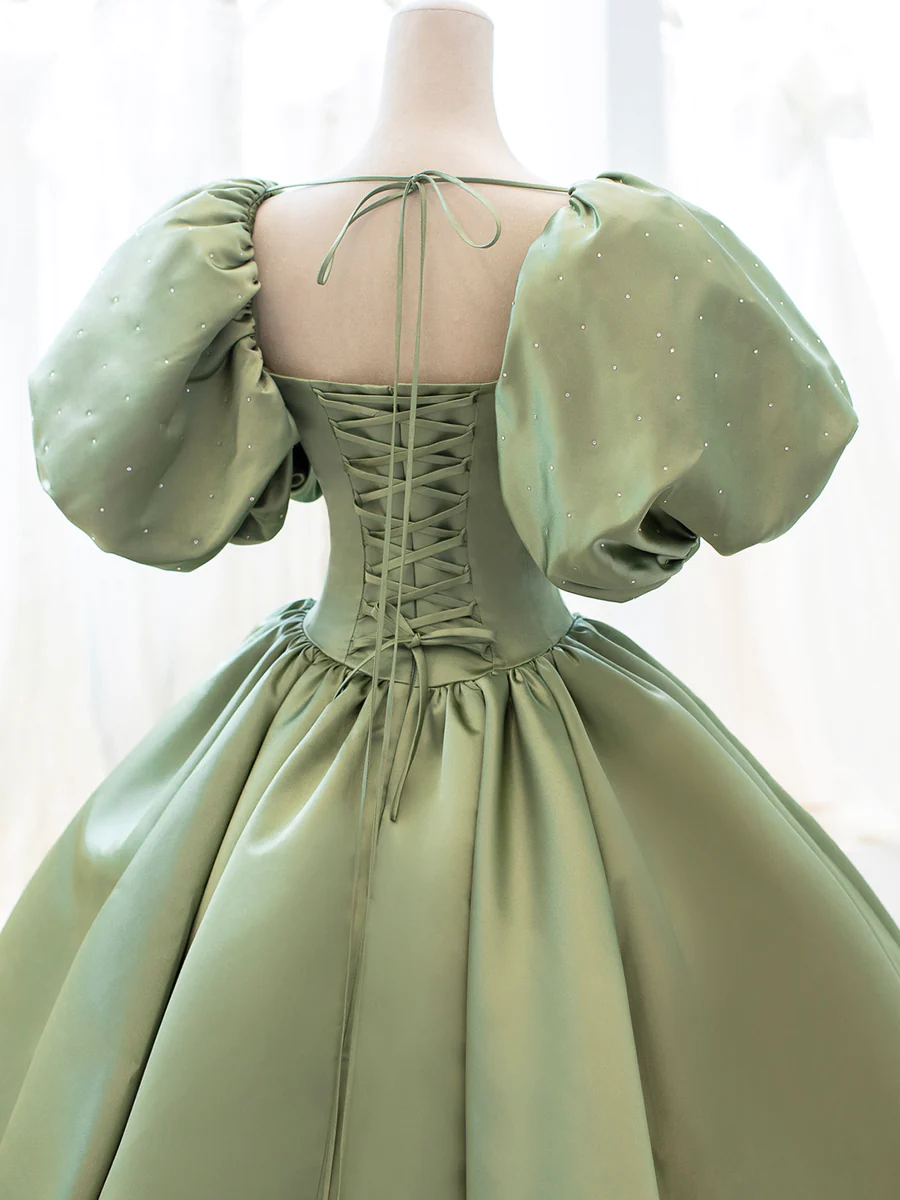 Ball Gown Sweet 16 Dress Green Satin Formal Evening Gown with Puff Sleeve P628