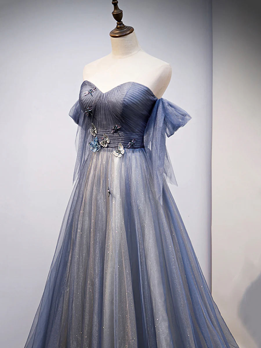 Robe de soirée en tulle bleu avec dentelle pour bal de promo P629