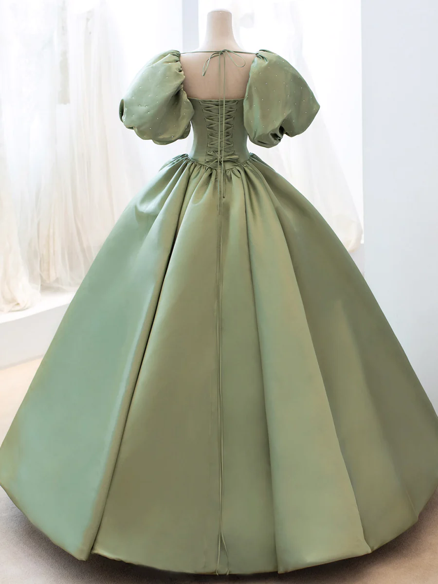 Ball Gown Sweet 16 Dress Green Satin Formal Evening Gown with Puff Sleeve P628