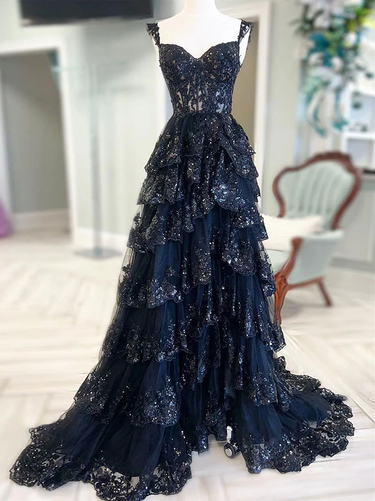 A-Line Sweetheart Neck Tulle Sequin Navy Blue Long Prom Dress P631 PreppyDress A-Line Sweetheart Neck Tulle Sequin Navy Blue Long Prom Dress P631 PreppyDress