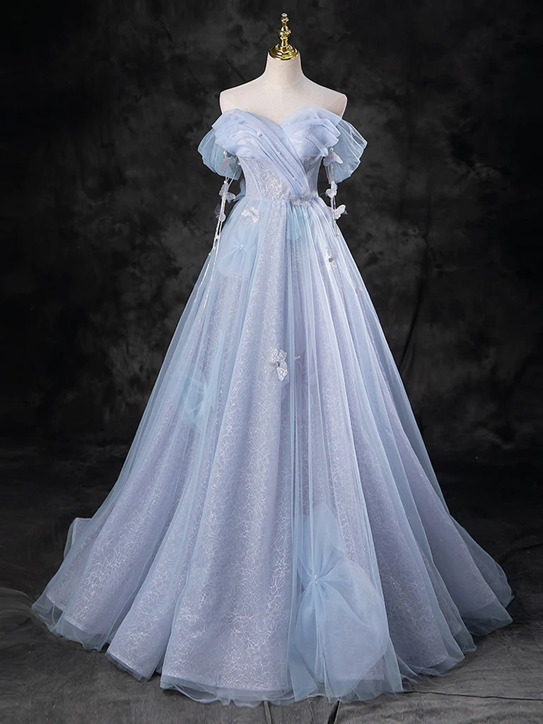 A-Line Sweetheart Neck Off Shoulder Tulle Gray Blue Long Prom Dress P6 PreppyDress A-Line Sweetheart Neck Off Shoulder Tulle Gray Blue Long Prom Dress P6 PreppyDress