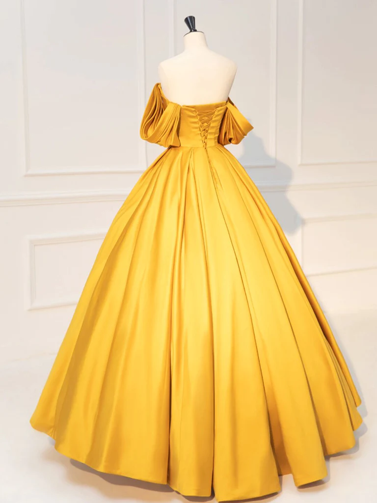Ball Gown Sweet 16 Dress Yellow Off Shoulder Satin Long Prom Dress P636