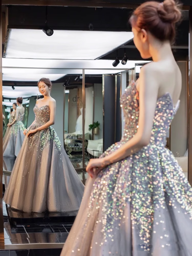 Ball Gown Strapless Sequin Party Dresses Long Tulle Prom Dresses P727