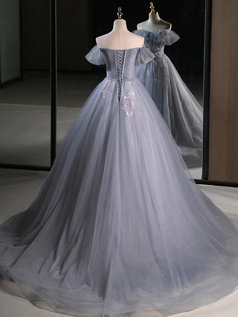 Robe de bal longue bleu gris en tulle et dentelle à épaules dénudées coupe évasée P733