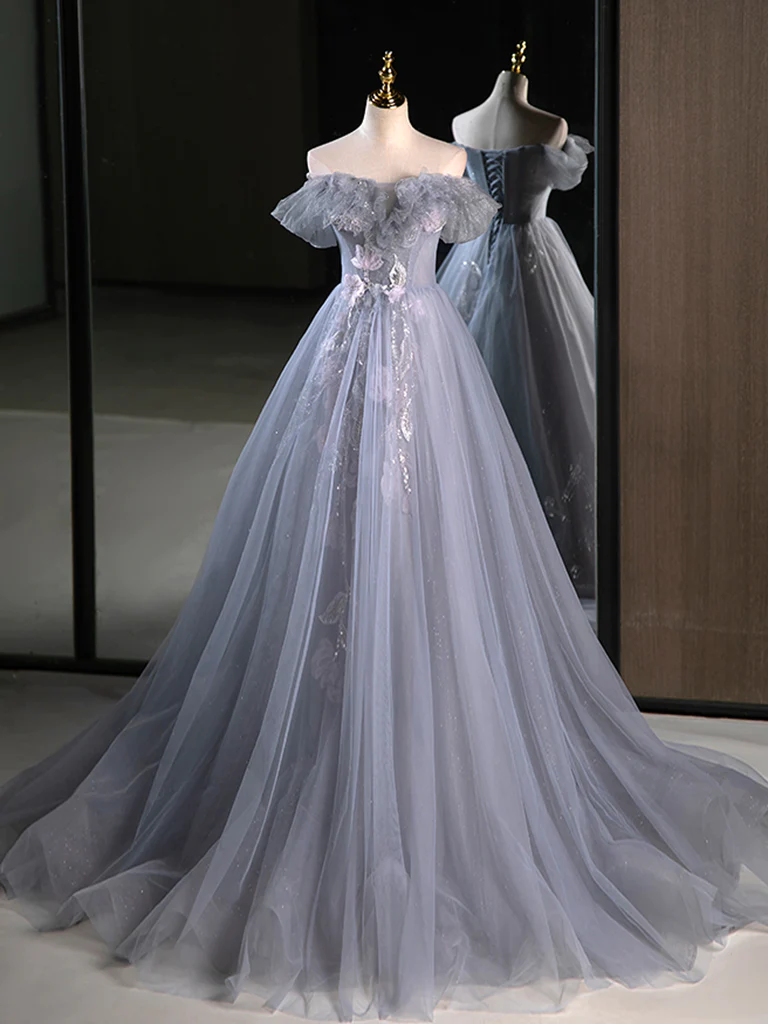 A-Line Off Shoulder Tulle Lace Gray Blue Long Prom Dress P733 PreppyDress A-Line Off Shoulder Tulle Lace Gray Blue Long Prom Dress P733 PreppyDress