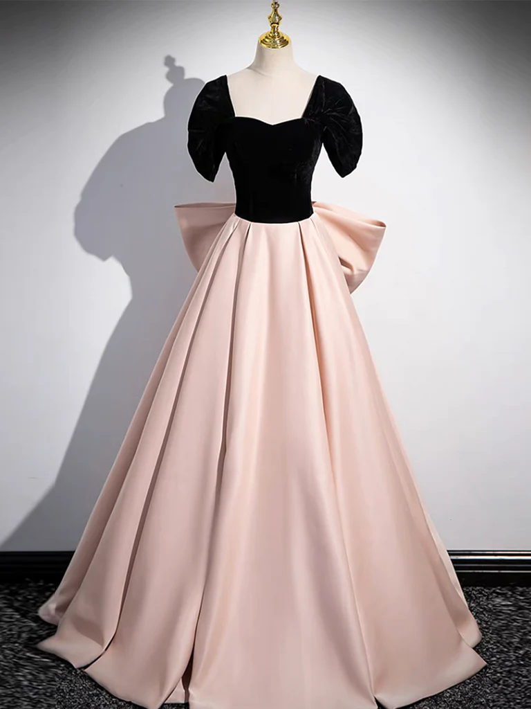 Robe de bal longue en satin rose, coupe trapèze, épaules dénudées P737