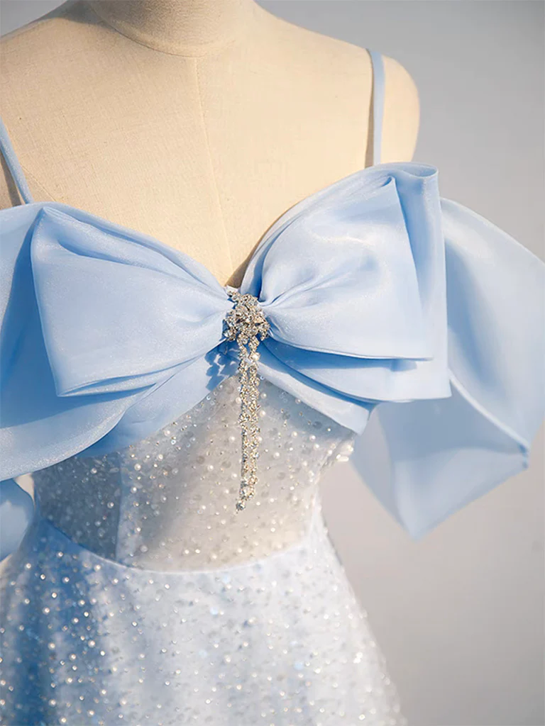 A-Line Tulle Sequin Blue Long Prom Dress P739