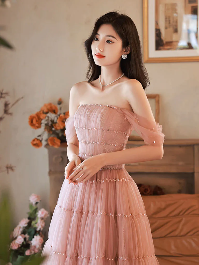 Simple A-Line Pink Off Shoulder Long Prom Dress P741
