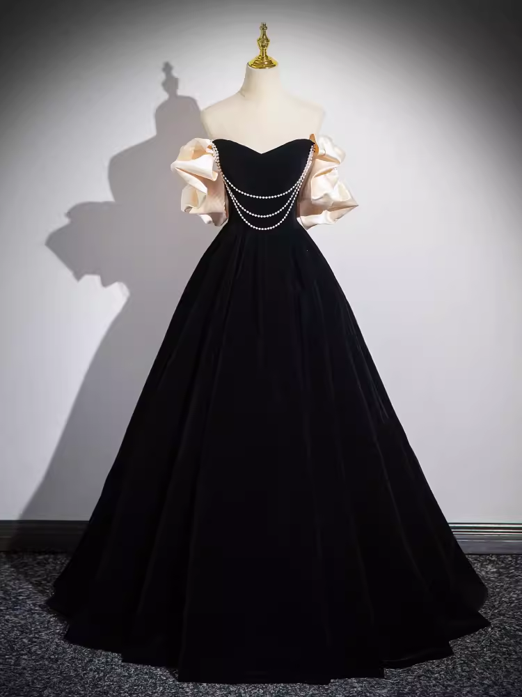 black prom dress satin A line Off The Shoulder Evening Party Dress Satin Black Prom Dress P77 – PreppyDress