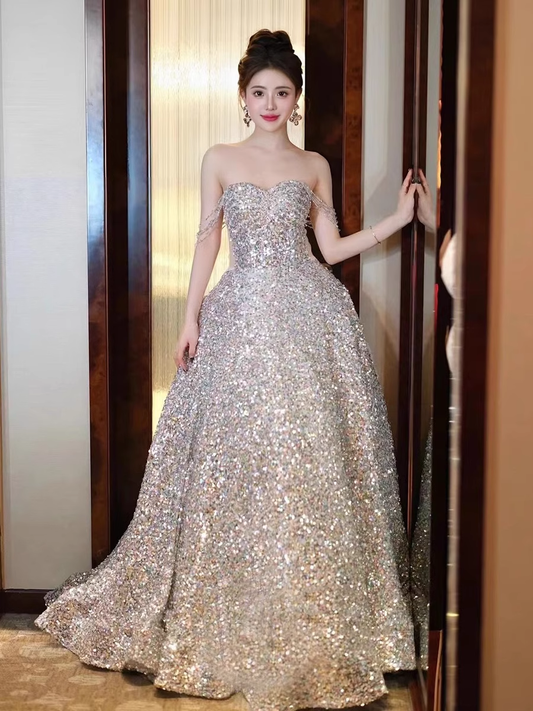 Robe de soirée à bretelles en A, robe de bal longue à paillettes P779