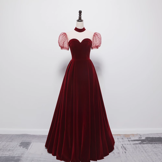 Robe de soirée ligne A en velours bordeaux pour le bal de promo P780