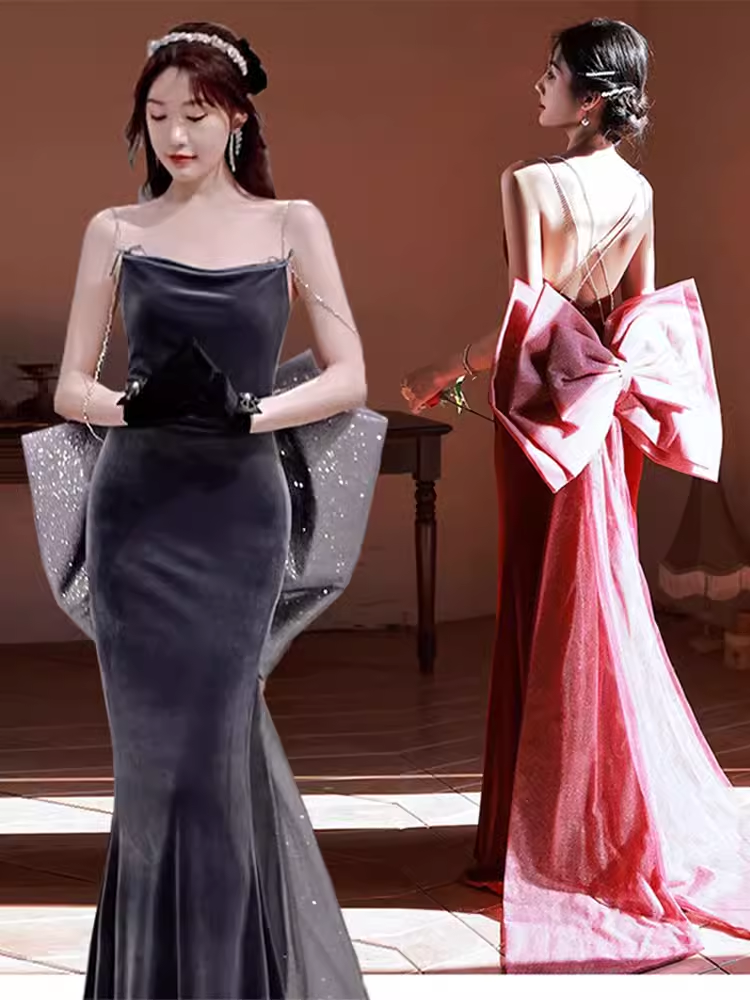 Sexy Mermaid Sleeveless Party Dress Velvet Long Prom Dress P863