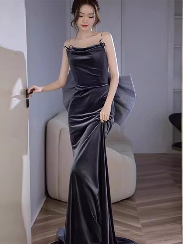 Sexy Mermaid Sleeveless Party Dress Velvet Long Prom Dress P863