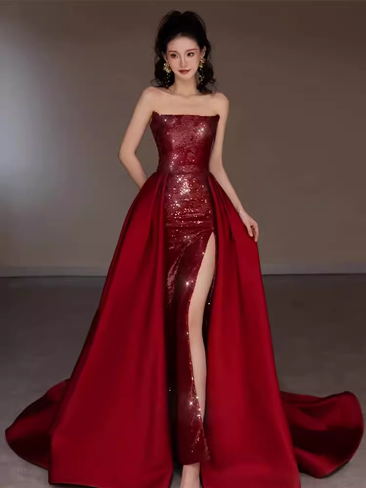 Sexy Meerjungfrau Trägerloses Ärmelloses Partykleid Rot Langes Ballkleid P864