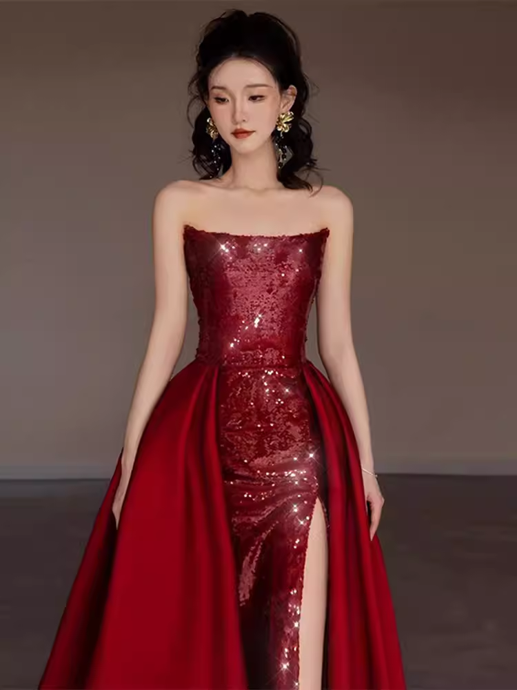 Sexy Meerjungfrau Trägerloses Ärmelloses Partykleid Rot Langes Ballkleid P864