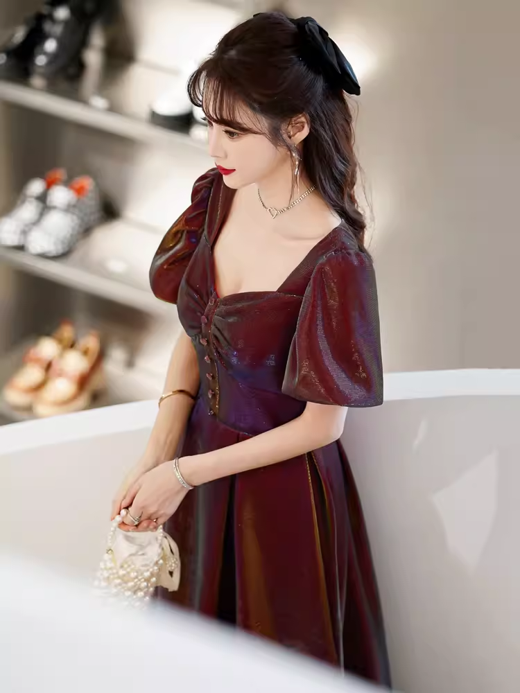 A Line Square Party Dress Knee Length Burgundy Prom Dress P867