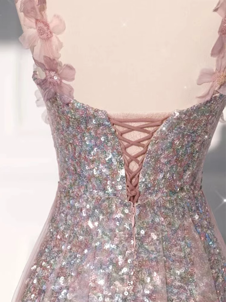 Princess A Line Straps Party Dress Sequin Pink Prom Dress P868