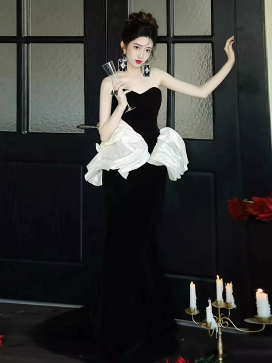Meerjungfrau trägerloses Partykleid Schwarz Langes Ballkleid P869