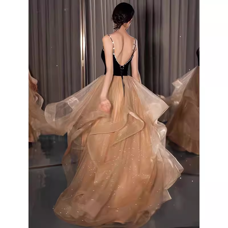Ball Gown Straps Tulle Champagne Party Dress Long Prom Dress P872
