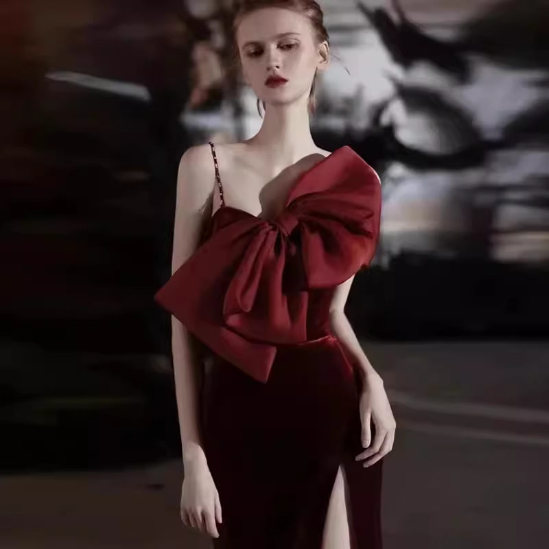 Mermaid Straps Velvet Red Party Dress Long Slit Prom Dress P875
