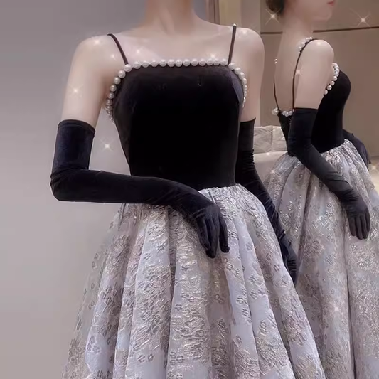 Robe de soirée en velours noir à bretelles A-line, longue robe de bal P877