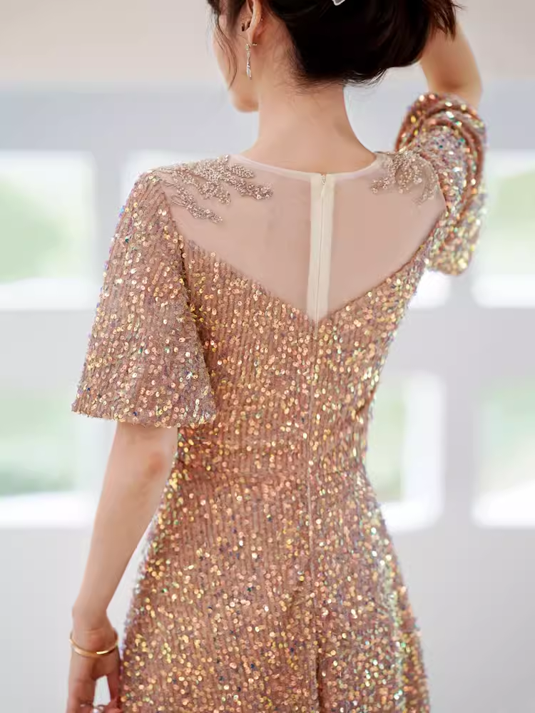 A line Sequin Gold Party Dress Long Prom Dress P878