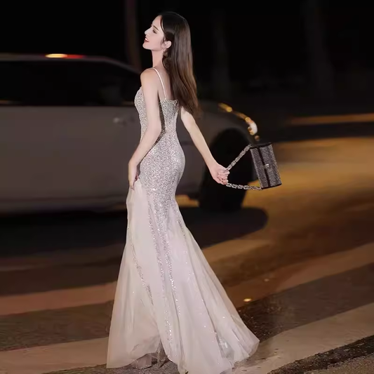 Meerjungfrauen-Träger-Pailletten-Partykleid Langes Ballkleid P881