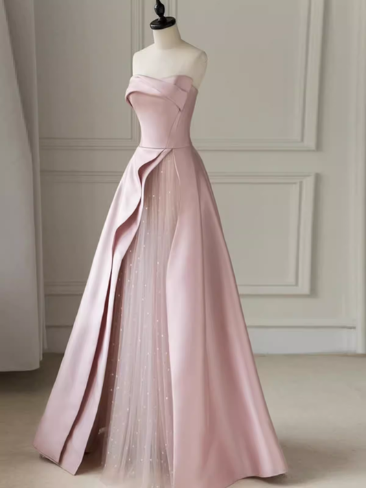 Robe de soirée rose bustier en satin longue ligne A P882