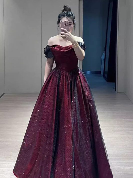 Robe de soirée bustier noire trapèze longue de bal bordeaux P883