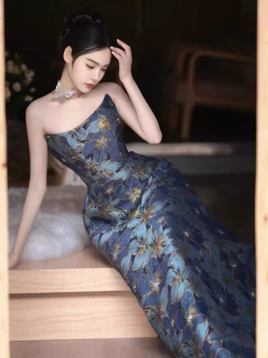 Robes de soirée sans bretelles trapèze vintage, longues robes de bal bleues P943