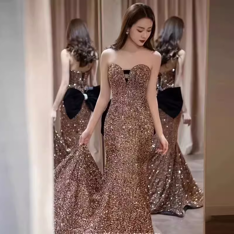 Vintage Mermaid Strapless Party Dresses Long Sequin Prom Dresses P944