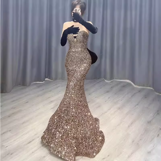 Robes de soirée sirène vintage sans bretelles longues robes de bal à paillettes P944
