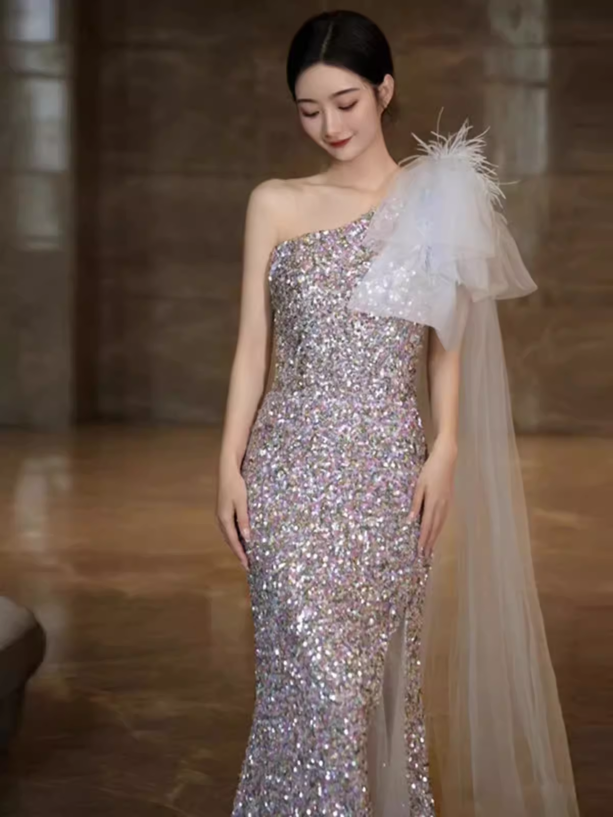 Princess Mermaid One Shoulder Party Dresses Sequin Lilac Prom Dresses P948