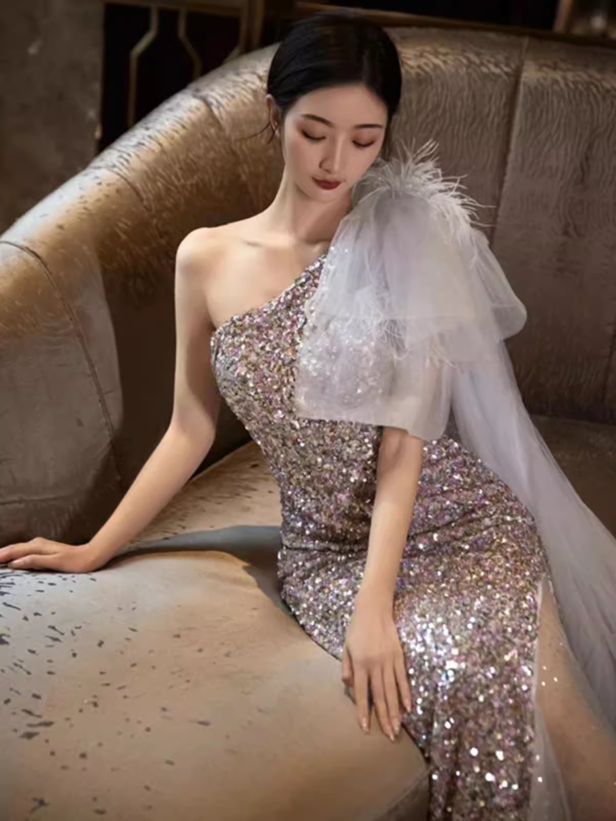 Princess Mermaid One Shoulder Party Dresses Sequin Lilac Prom Dresses P948