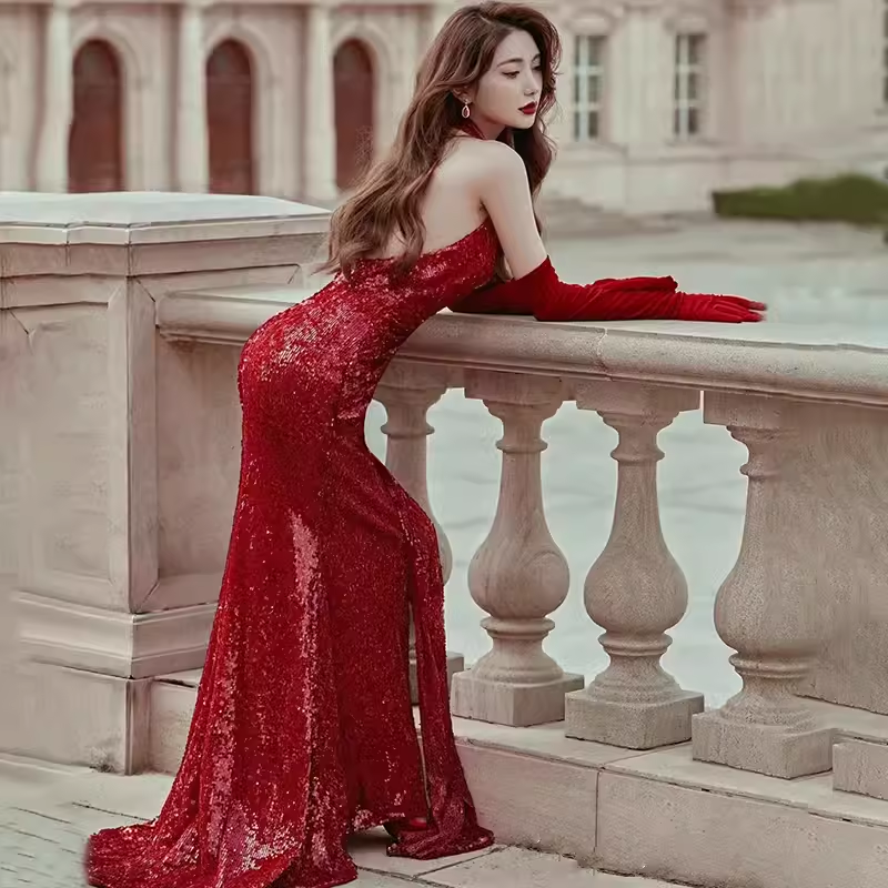 Sexy Mermaid Party Dresses Sequin Halter Red Prom Dresses P949