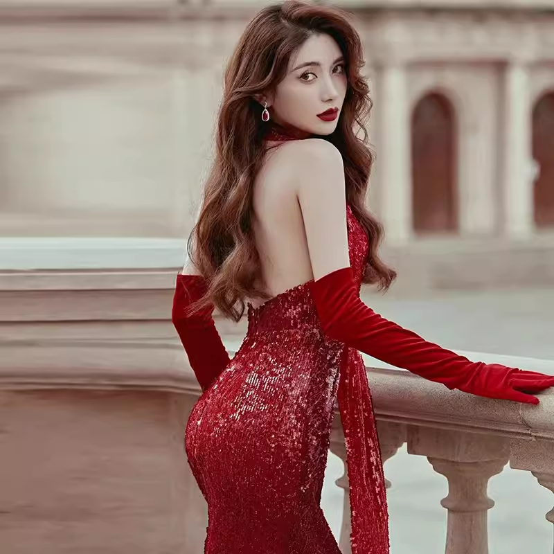 Sexy Mermaid Party Dresses Sequin Halter Red Prom Dresses P949