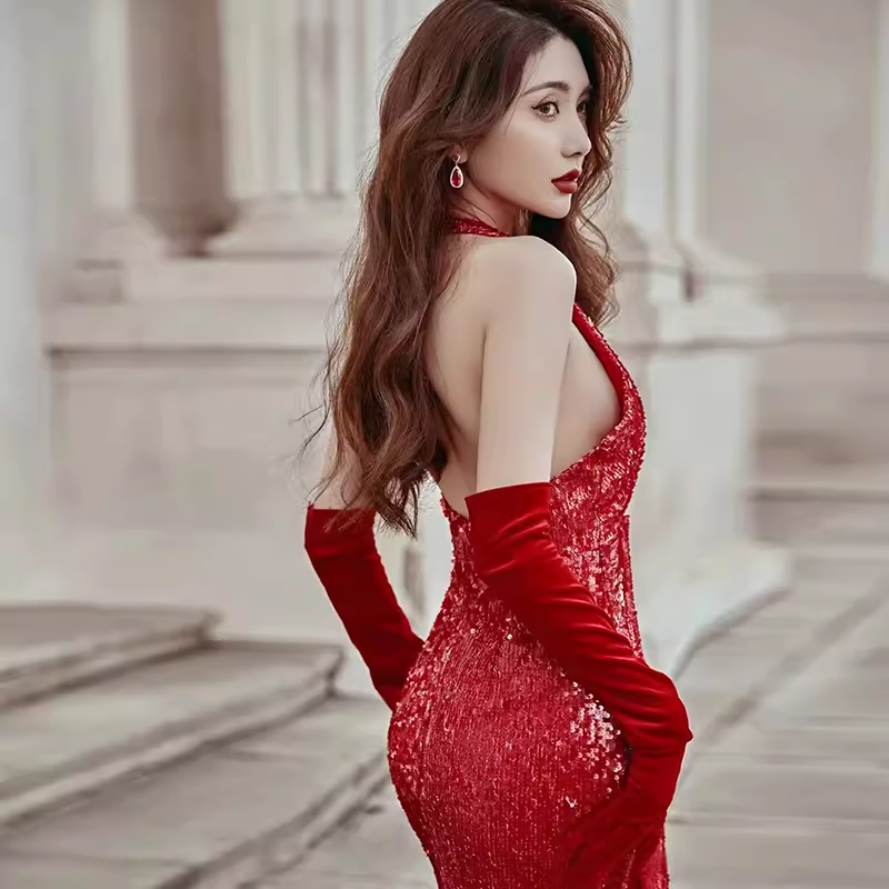 Sexy Mermaid Party Dresses Sequin Halter Red Prom Dresses P949