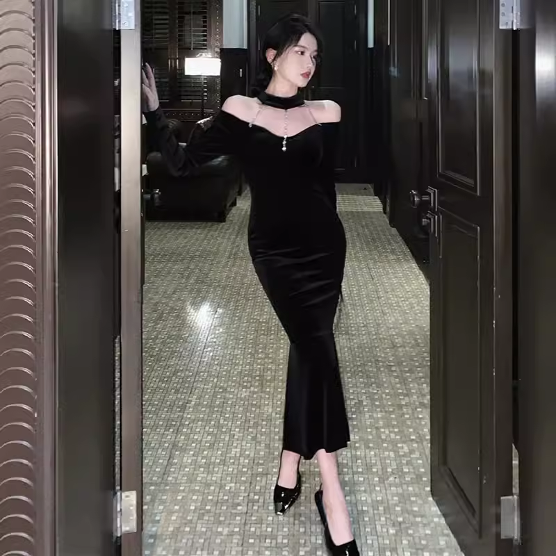 Mermaid Halter Black Birthday Dress Velvet 21th Birthday Outfits P950 Mermaid Halter Black Birthday Dress Velvet 21th Birthday Outfits P950