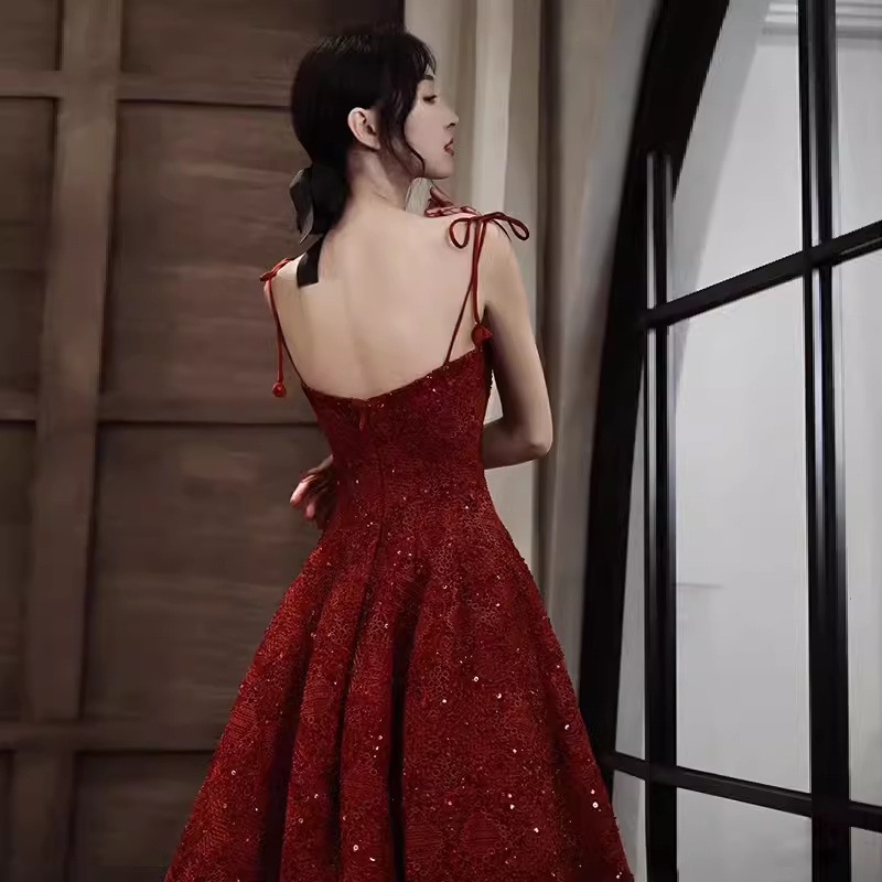 Elegant Spaghetti Straps Vintage Lace Red Dress Women Birthday Outfits P1005