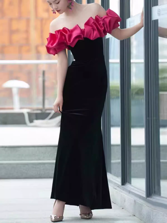 Sexy Meerjungfrau schulterfreies Samt Schwarzes langes Ballkleid P1006