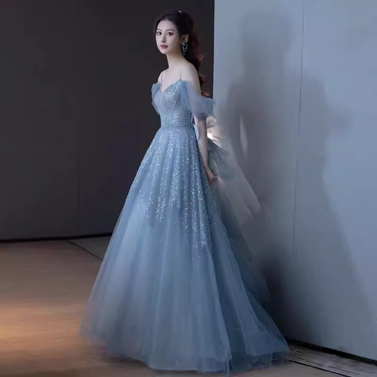 Prinzessin A-Linie Blau Pailletten Langes Ballkleid P1009